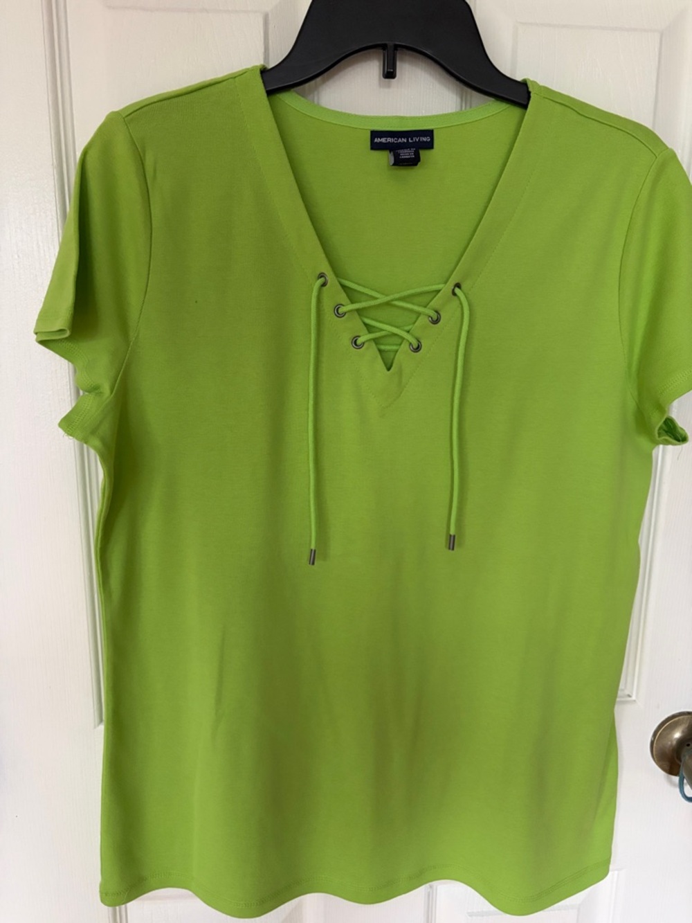 American Living Bright Lime Lace-Up V-Neck Short Sleeve Top
